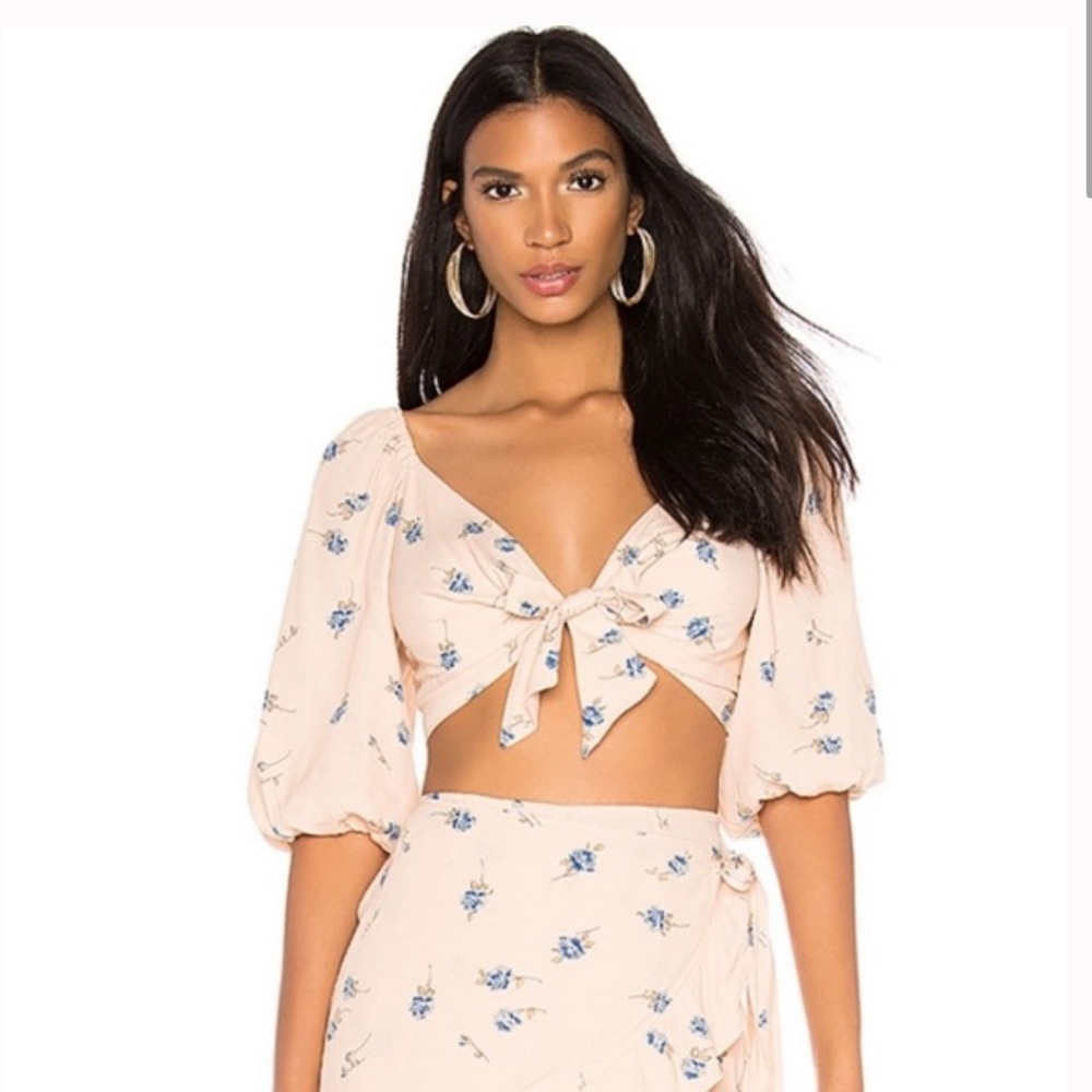 Blue Life Tie Front Puff Sleeve Crop Top